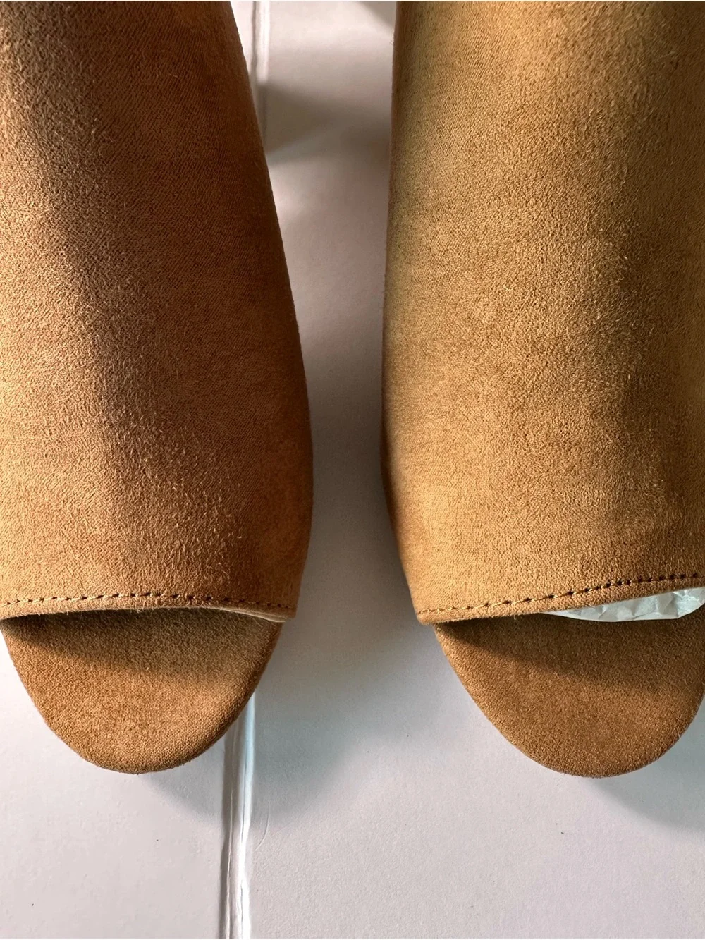 JustFab Tan Suede Peep-Toe Ankle Tie Mules - Picture 11 of 12